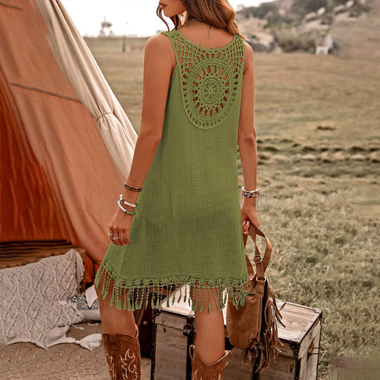 Women's Elegant Solid Color Boho Dress - V-Neck Fringe Detail Sleeveless Summer Dress - My Store
