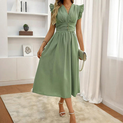 Women's Solid Color Sleeveless V-Neck Dress - High Waist Ruffled Hem Boho Flowy Summer Dress With Shoulder Frills, Casual & Party Dress - My Store