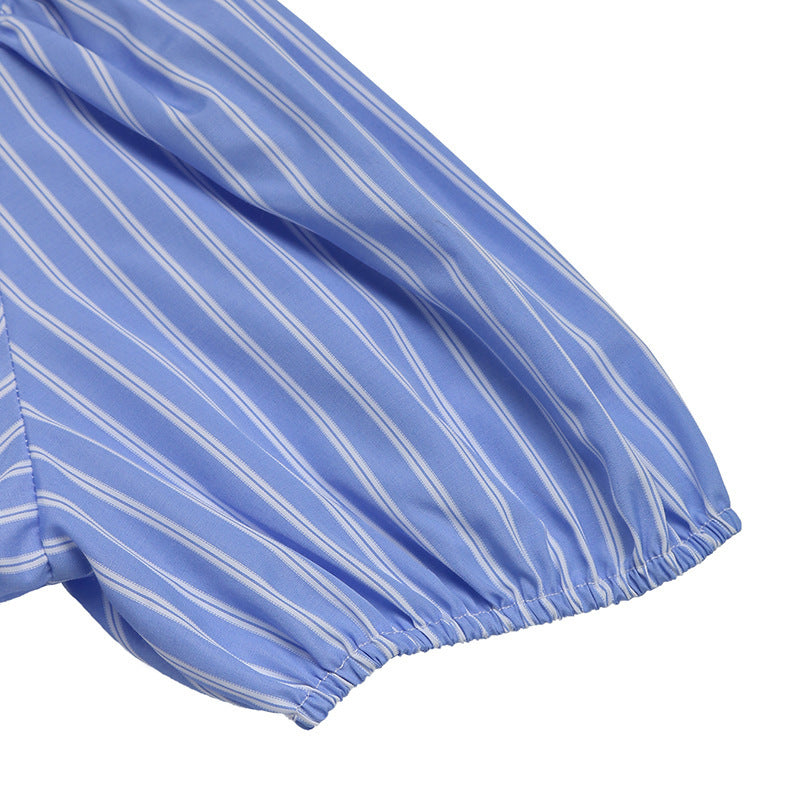 Women's Striped Tie Front Puff Sleeve Summer Casual Mini Dresses Loose Flowy Sundress - My Store
