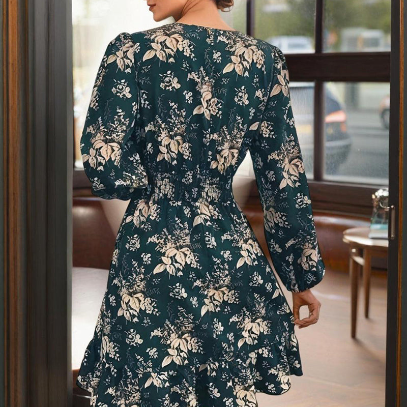 Women's V-Neck Floral Print Long Sleeve Dress With Lantern Sleeves, Ruffled Elastic Waist A-Line Midi Boho Summer Dress - My Store