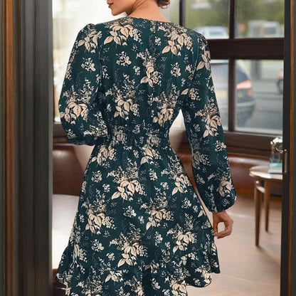 Women's V-Neck Floral Print Long Sleeve Dress With Lantern Sleeves, Ruffled Elastic Waist A-Line Midi Boho Summer Dress - My Store