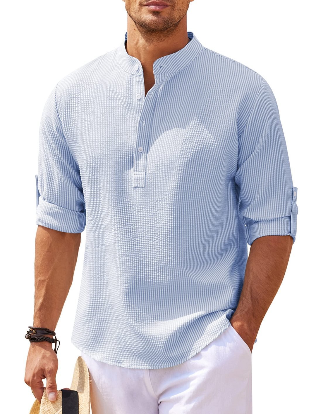 Men's Casual Shirt Long Sleeve Stand Collar Solid Color Shirt Mens Clothing - My Store
