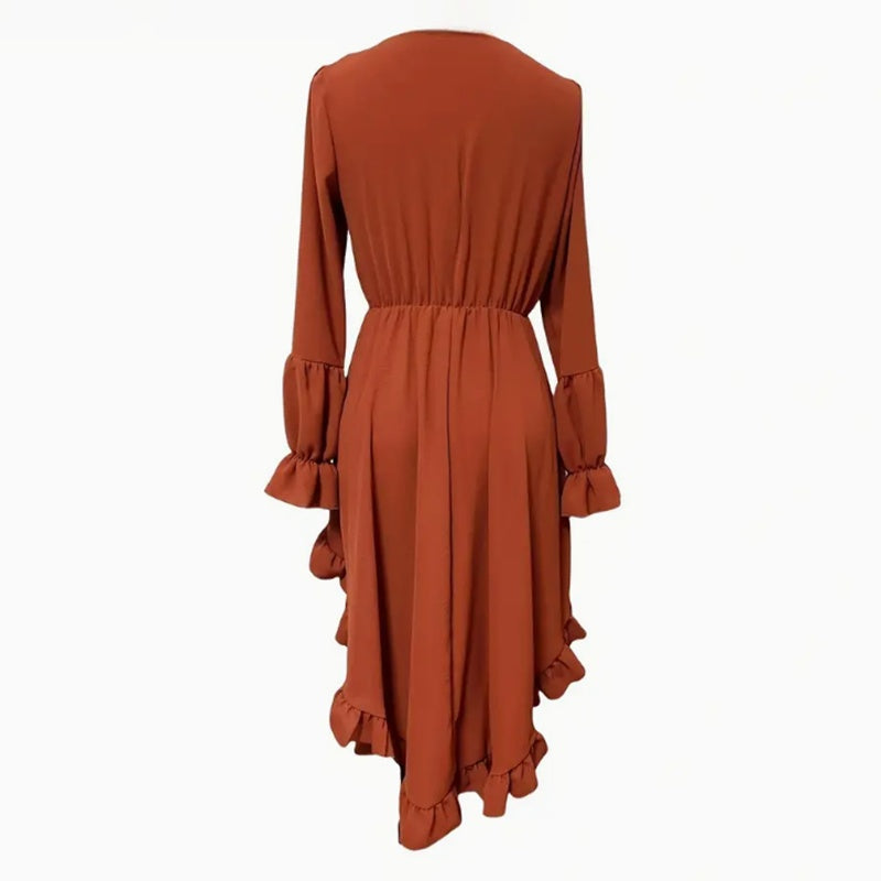 Womens Sexy Deep V Neck Western Cowgirl Dress Casual Long Sleeve Ruffle Irregular Hem Vintage Country Concert Dresses , No Belt Included - My Store