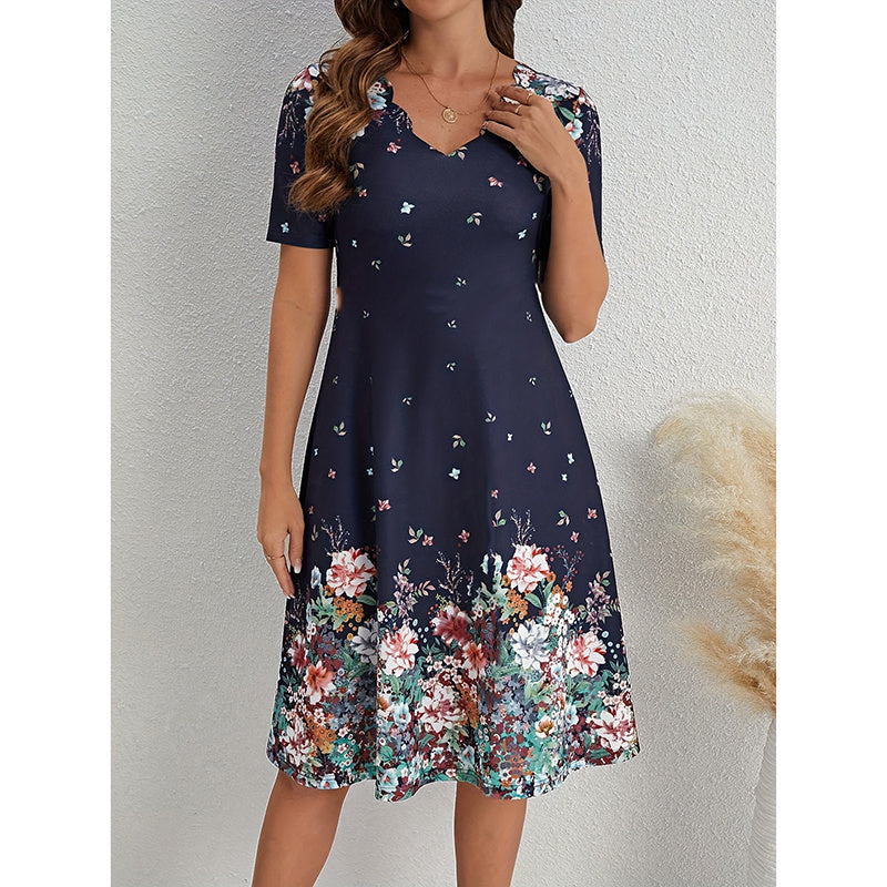 Women's Summer Short Sleeve Casual Dresses Sweet Cute V-Neck Floral Sundresses - My Store