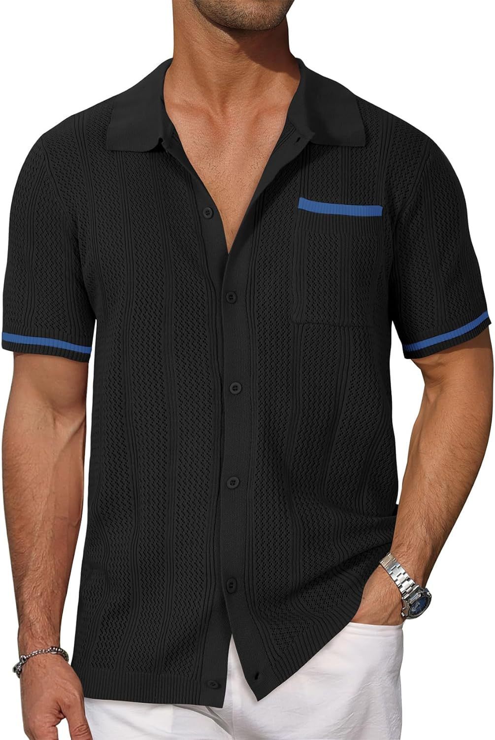 Short-sleeved Shirt Pocket Hollow Breathable Cool Summer Men's Casual Jacket Cardigan - My Store