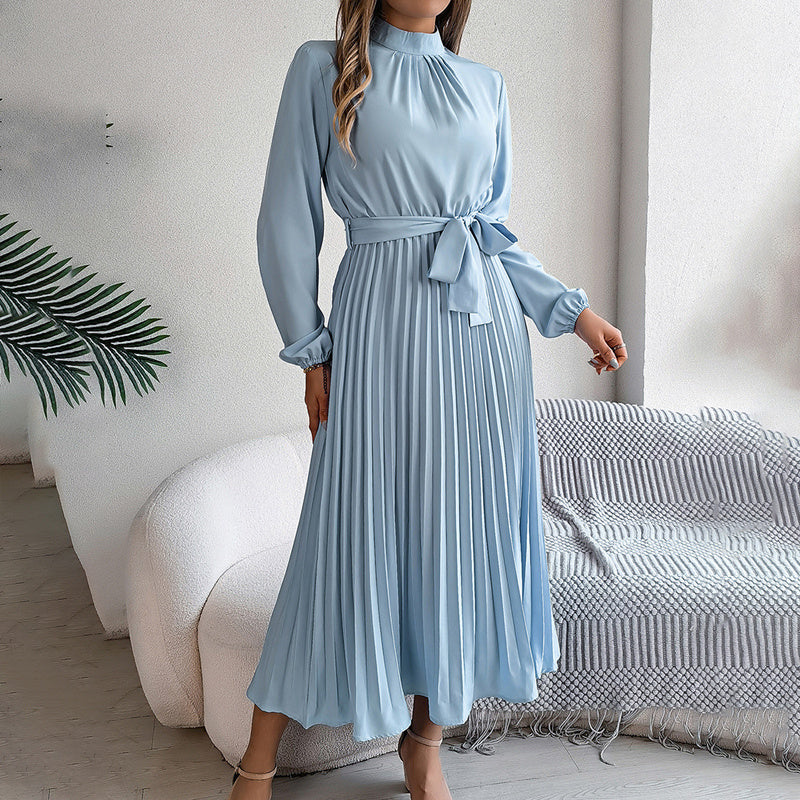 Elegant High Neck Long Sleeve Pleated Maxi Dress - Solid Color Flowy Dress For Women, Casual To Formal Wear - My Store