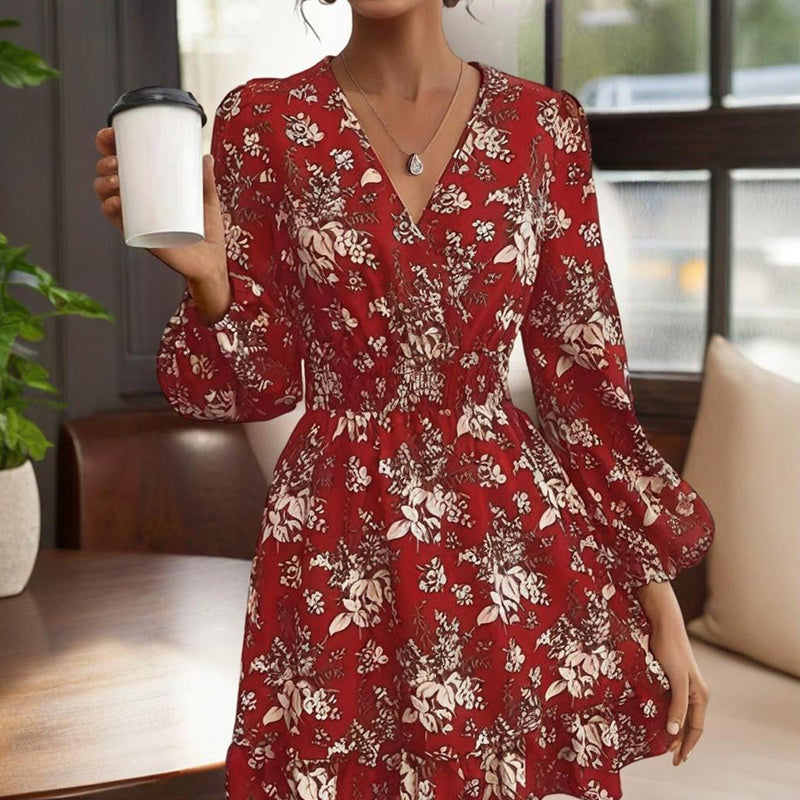 Women's V-Neck Floral Print Long Sleeve Dress With Lantern Sleeves, Ruffled Elastic Waist A-Line Midi Boho Summer Dress - My Store