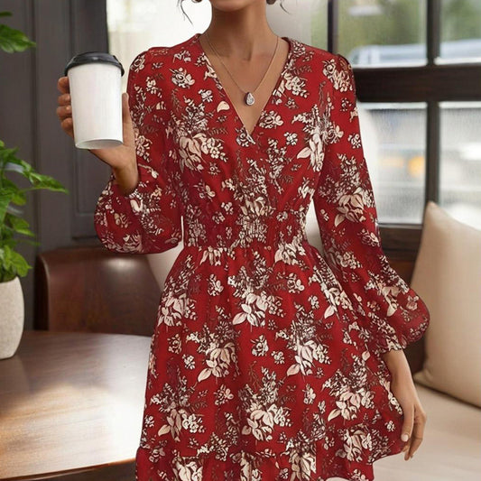 Women's V-Neck Floral Print Long Sleeve Dress With Lantern Sleeves, Ruffled Elastic Waist A-Line Midi Boho Summer Dress - My Store