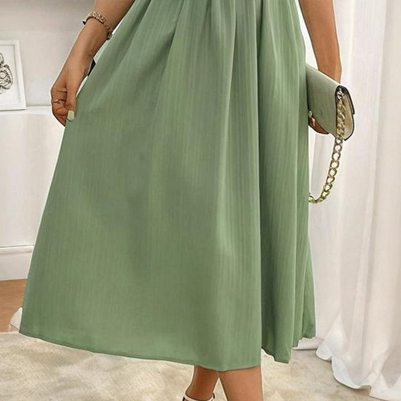 Women's Solid Color Sleeveless V-Neck Dress - High Waist Ruffled Hem Boho Flowy Summer Dress With Shoulder Frills, Casual & Party Dress - My Store