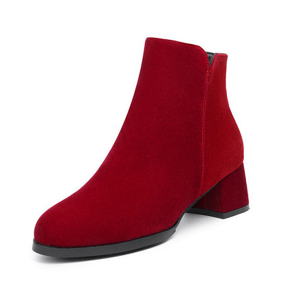Pointed-toe Frosted Suede Side Zipper Chunky Heel Mid Heel Plus Size Female Boots - My Store