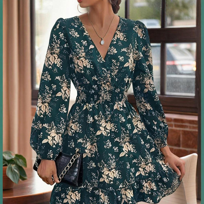 Women's V-Neck Floral Print Long Sleeve Dress With Lantern Sleeves, Ruffled Elastic Waist A-Line Midi Boho Summer Dress - My Store