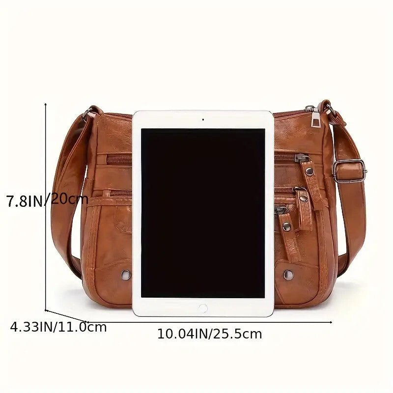Women Shoulder Bag Large Capacity Washed Leather Messenger Bags Multi Zipper - My Store