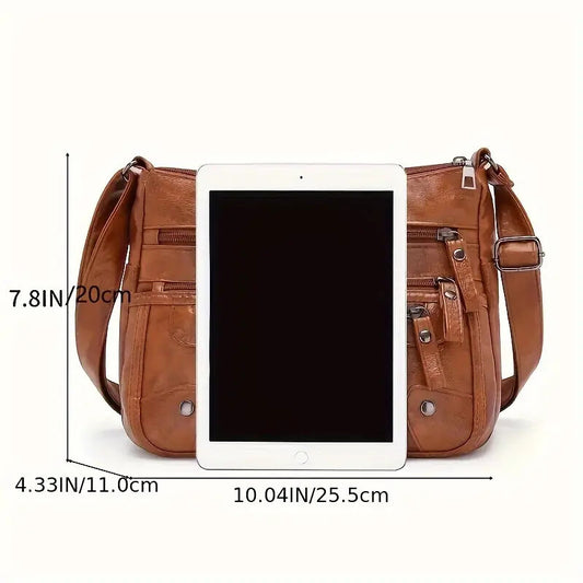 Women Shoulder Bag Large Capacity Washed Leather Messenger Bags Multi Zipper - My Store