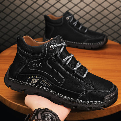 Fleece-lined Warm Mid-top Cotton-padded Shoes Soft Bottom Stitching Non-slip Men's Outdoor Leisure Shoes - My Store