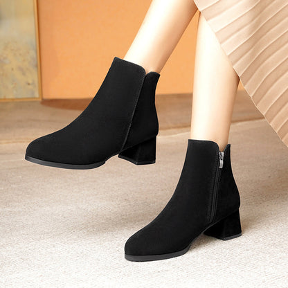 Pointed-toe Frosted Suede Side Zipper Chunky Heel Mid Heel Plus Size Female Boots - My Store