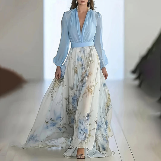Women's Deep V-Neck Floral Print Boho Maxi Dress With Long Sleeves - A-Line Waist Ruffle Hem Dress For Spring&Summer Vacation - My Store