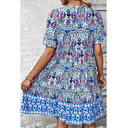 Women Casual Summer Dress Boho Drawstring V Neck Short Sleeve Floral Print Flowy Beach Dress - My Store