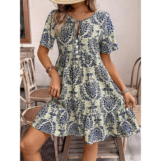 Women Casual Summer Dress Boho Drawstring V Neck Short Sleeve Floral Print Flowy Beach Dress - My Store