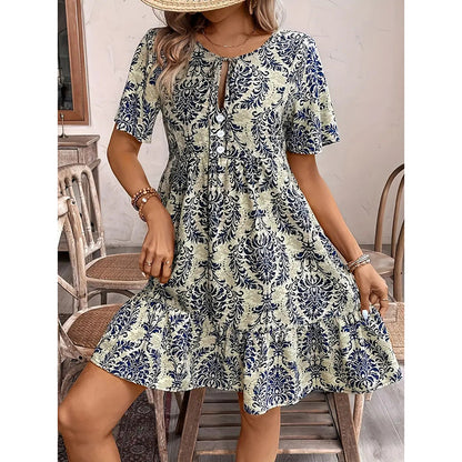 Women Casual Summer Dress Boho Drawstring V Neck Short Sleeve Floral Print Flowy Beach Dress - My Store