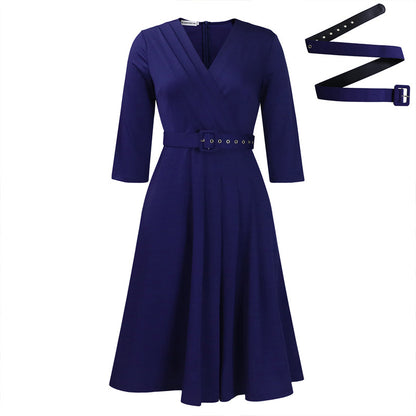 Women's Elegant V-Neck Cross-Wrap A-Line Dress With Belt & Ruffled Hem - Office & Casual Solid Dress For Spring&Summer - My Store