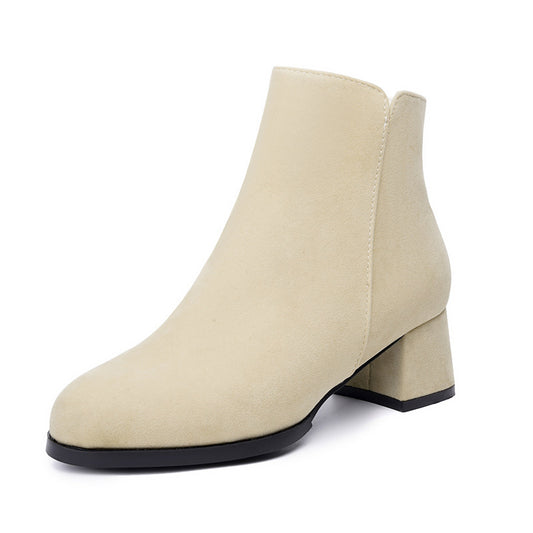 Pointed-toe Frosted Suede Side Zipper Chunky Heel Mid Heel Plus Size Female Boots - My Store