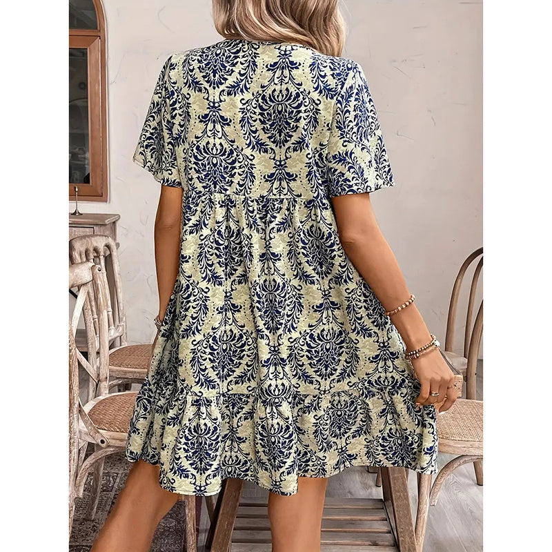 Women Casual Summer Dress Boho Drawstring V Neck Short Sleeve Floral Print Flowy Beach Dress - My Store