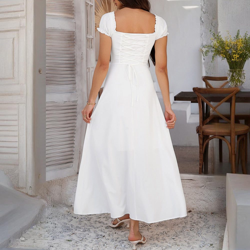 Women's Bohemian Backless Maxi Dress Flowy Ruffled Beach Dress With Adjustable Belt Summer Vacation Boho Dress For Casual Outings - My Store