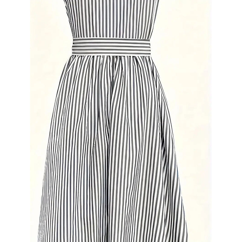Women's Summer One Shoulder Striped Midi Dress Elegant Tie Waist Bodycon Dresses With Pockets - My Store