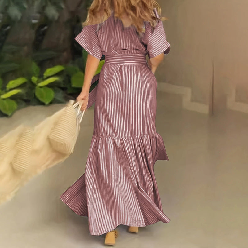 Women's Summer Casual Striped Button Down Maxi Dress Tie Waist Short Sleeve Shirt Dress With Pockets - My Store