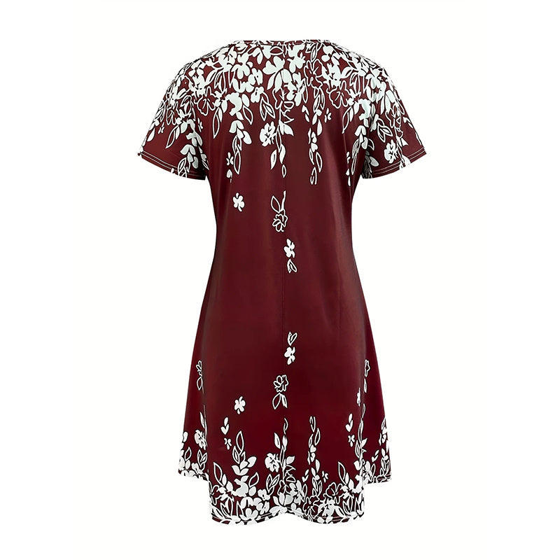 Women's Summer Boho Dress Vintage Floral Print Short Sleeve T-Shirt Sundress Beach Casual Dress - My Store