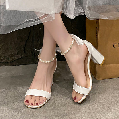 Summer New Pearl Bow Buckle Open Toe Chunky Heel All-match Sandals - My Store