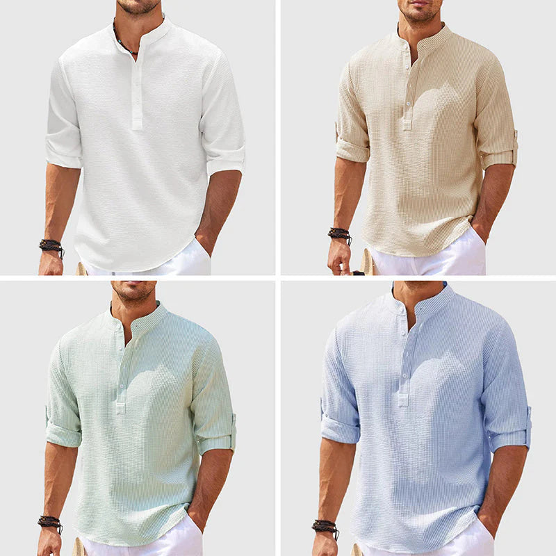 Men's Casual Shirt Long Sleeve Stand Collar Solid Color Shirt Mens Clothing - My Store