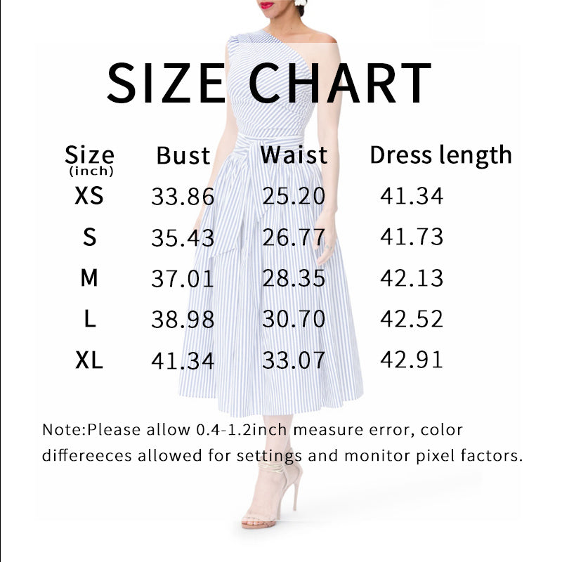 Women's Summer One Shoulder Striped Midi Dress Elegant Tie Waist Bodycon Dresses With Pockets - My Store