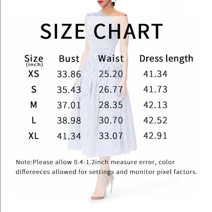 Women's Summer One Shoulder Striped Midi Dress Elegant Tie Waist Bodycon Dresses With Pockets - My Store