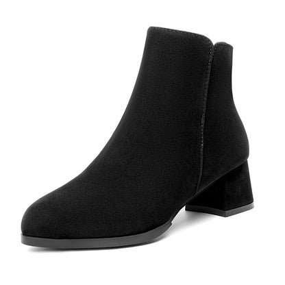 Pointed-toe Frosted Suede Side Zipper Chunky Heel Mid Heel Plus Size Female Boots - My Store