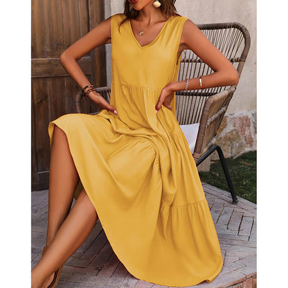 Women's Summer Casual Sleeveless V Neck Swing Dress Flowy Tiered Maxi Beach Dress - My Store