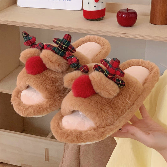Indoor Cute One-word Cotton Slippers Autumn Women's Cartoon Fluffy Slippers - My Store