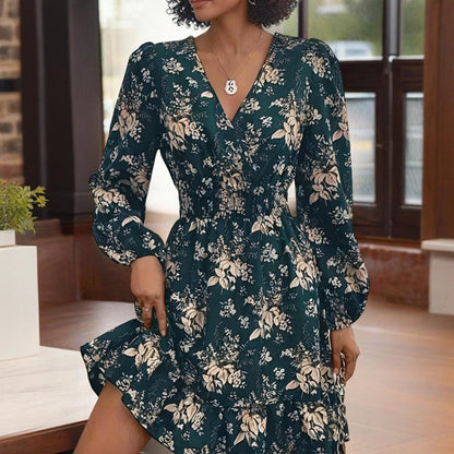 Women's V-Neck Floral Print Long Sleeve Dress With Lantern Sleeves, Ruffled Elastic Waist A-Line Midi Boho Summer Dress - My Store