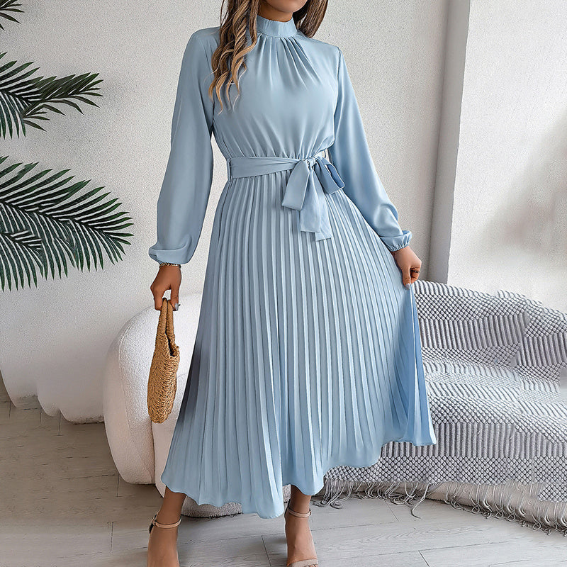 Elegant High Neck Long Sleeve Pleated Maxi Dress - Solid Color Flowy Dress For Women, Casual To Formal Wear - My Store