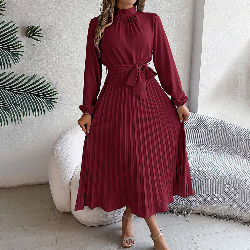Elegant High Neck Long Sleeve Pleated Maxi Dress - Solid Color Flowy Dress For Women, Casual To Formal Wear - My Store