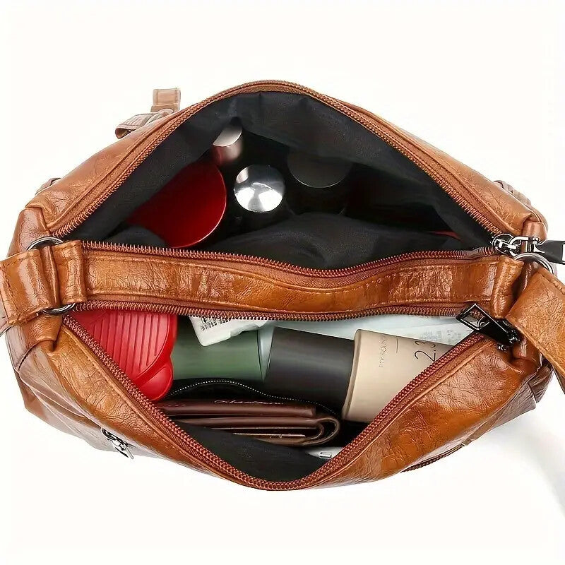 Women Shoulder Bag Large Capacity Washed Leather Messenger Bags Multi Zipper - My Store