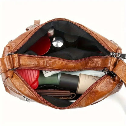 Women Shoulder Bag Large Capacity Washed Leather Messenger Bags Multi Zipper - My Store