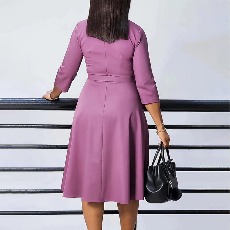 Women's Elegant V-Neck Cross-Wrap A-Line Dress With Belt & Ruffled Hem - Office & Casual Solid Dress For Spring&Summer - My Store