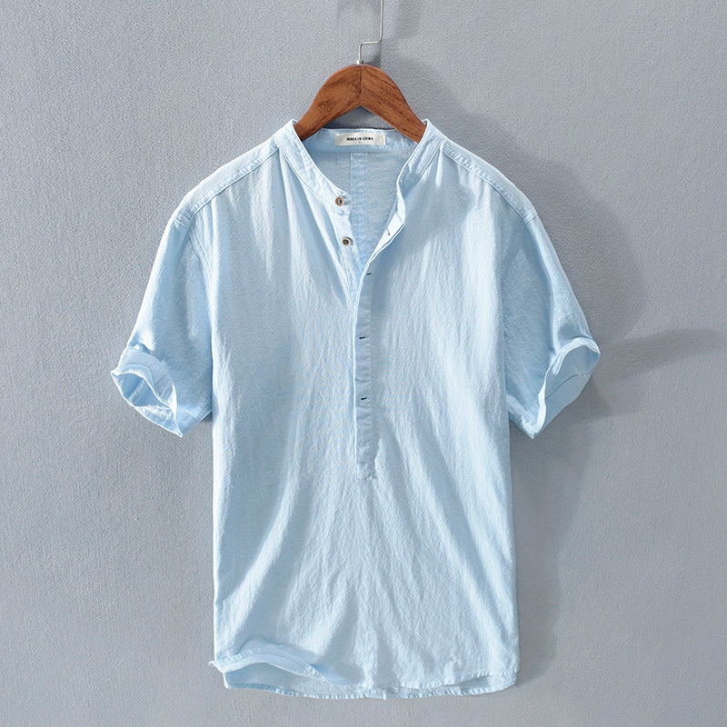 Men's Stand Collar Japanese Ice Silk Linen Short Sleeve T-shirt - My Store