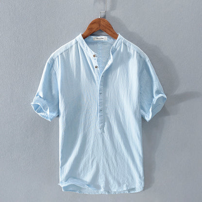 Men's Stand Collar Japanese Ice Silk Linen Short Sleeve T-shirt - My Store