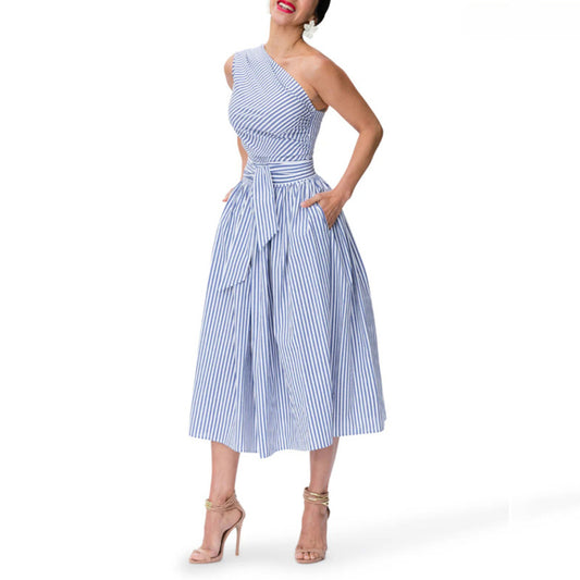 Women's Summer One Shoulder Striped Midi Dress Elegant Tie Waist Bodycon Dresses With Pockets - My Store