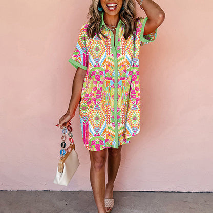 Women's Loose Fit Geometric Print Short Sleeve Dress - Casual Summer Button Front Dress, Comfortable & Stylish - My Store