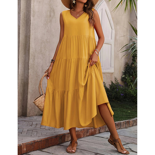 Women's Summer Casual Sleeveless V Neck Swing Dress Flowy Tiered Maxi Beach Dress - My Store