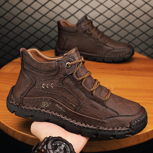 Fleece-lined Warm Mid-top Cotton-padded Shoes Soft Bottom Stitching Non-slip Men's Outdoor Leisure Shoes - My Store