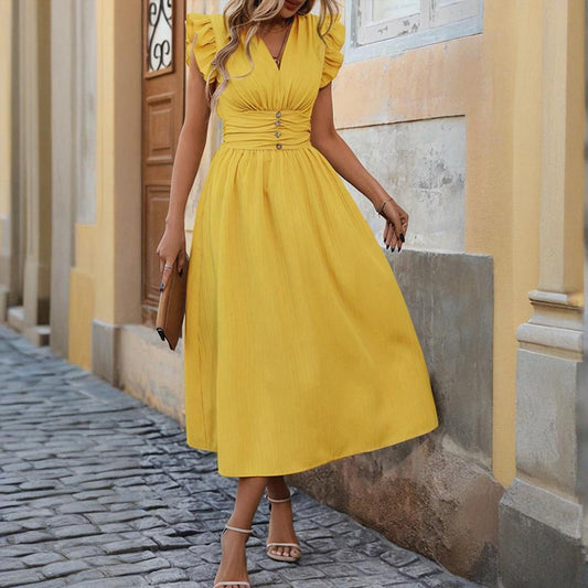 Women's Solid Color Sleeveless V-Neck Dress - High Waist Ruffled Hem Boho Flowy Summer Dress With Shoulder Frills, Casual & Party Dress - My Store